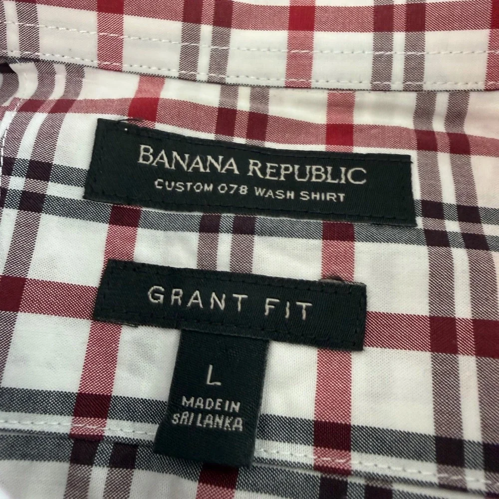 Banana Republic Grant Fit Mens L Red Black White Plaid Custom 078 Wash Shirt